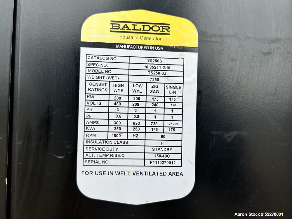 Used Baldor 200 kW Standby (180 kW prime) Rental Grade Portable Diesel Generator Set, model TS250T, SN-P1110270012. John Deere 6068HF475 engine rated 314 HP at 1800 RPM, SN-PE6068L114688, EPA tier 3 ...